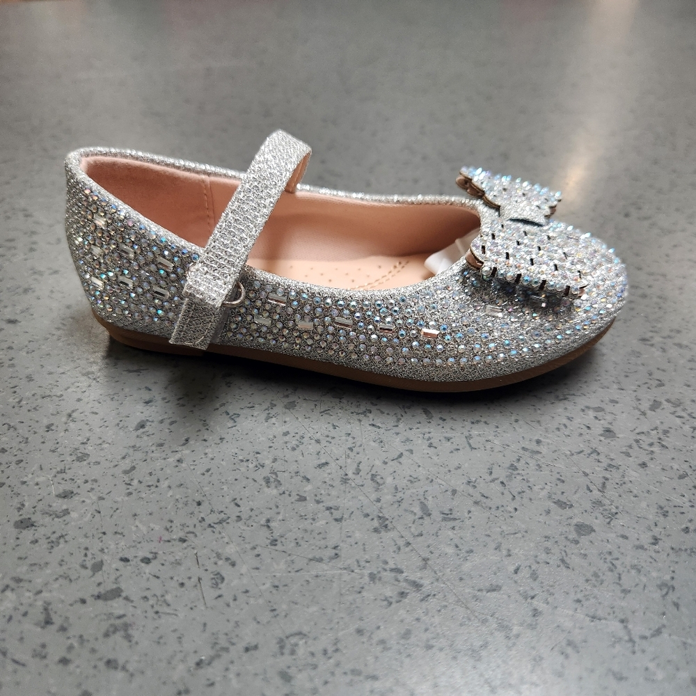 Mary Jane Silver Rhinestone With Bow Flat Comfort Baby Shoe